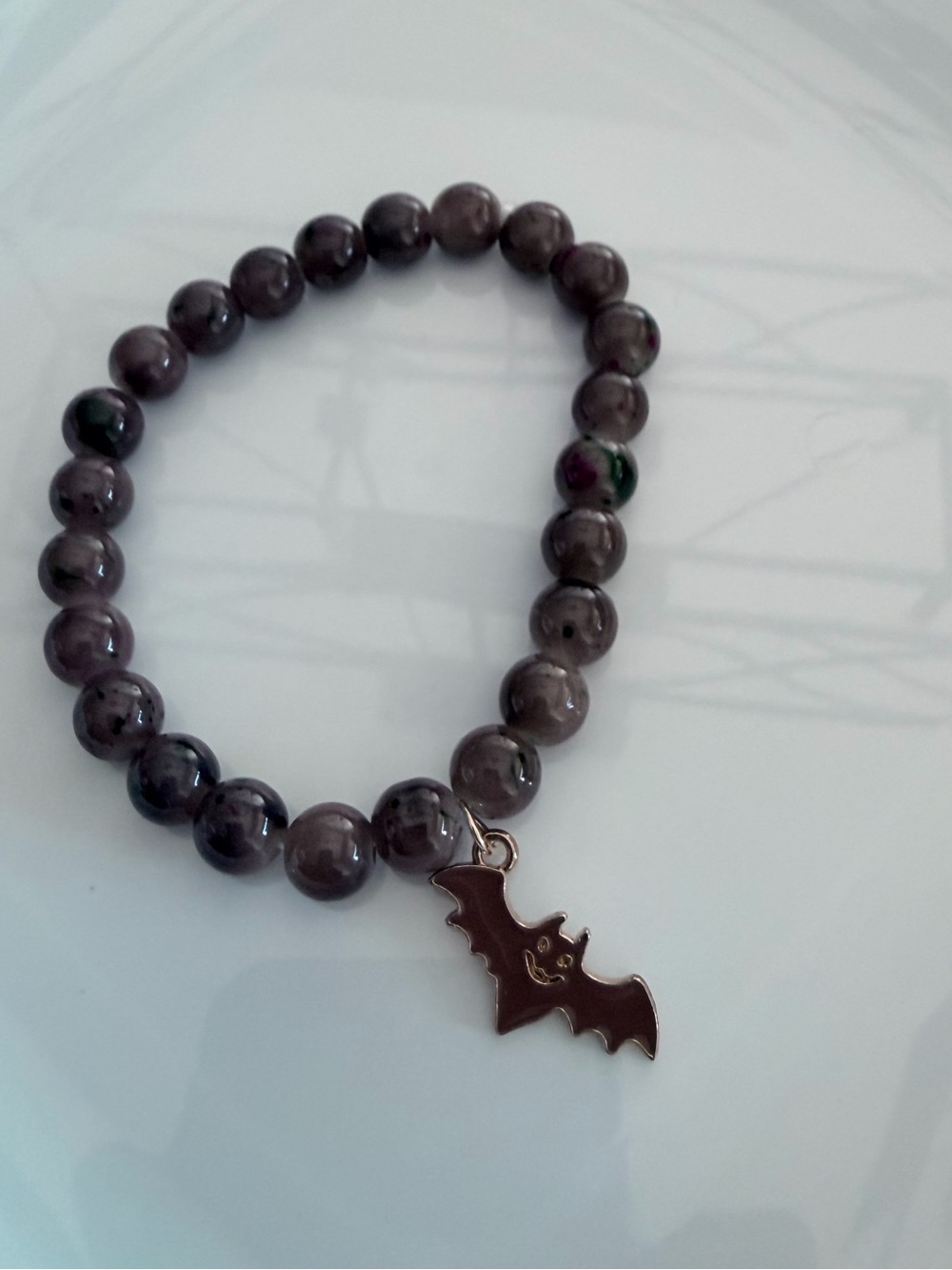 Black Brown Beaded Stretch Bracelet with Bat Charm
